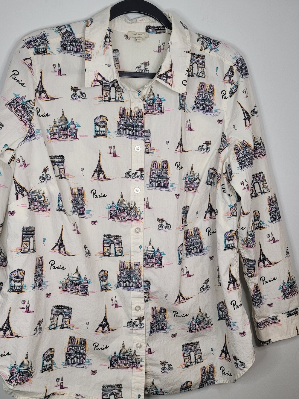 Talbots Paris Print Button-Up Shirt in Cream with Black & Multicolor Accents